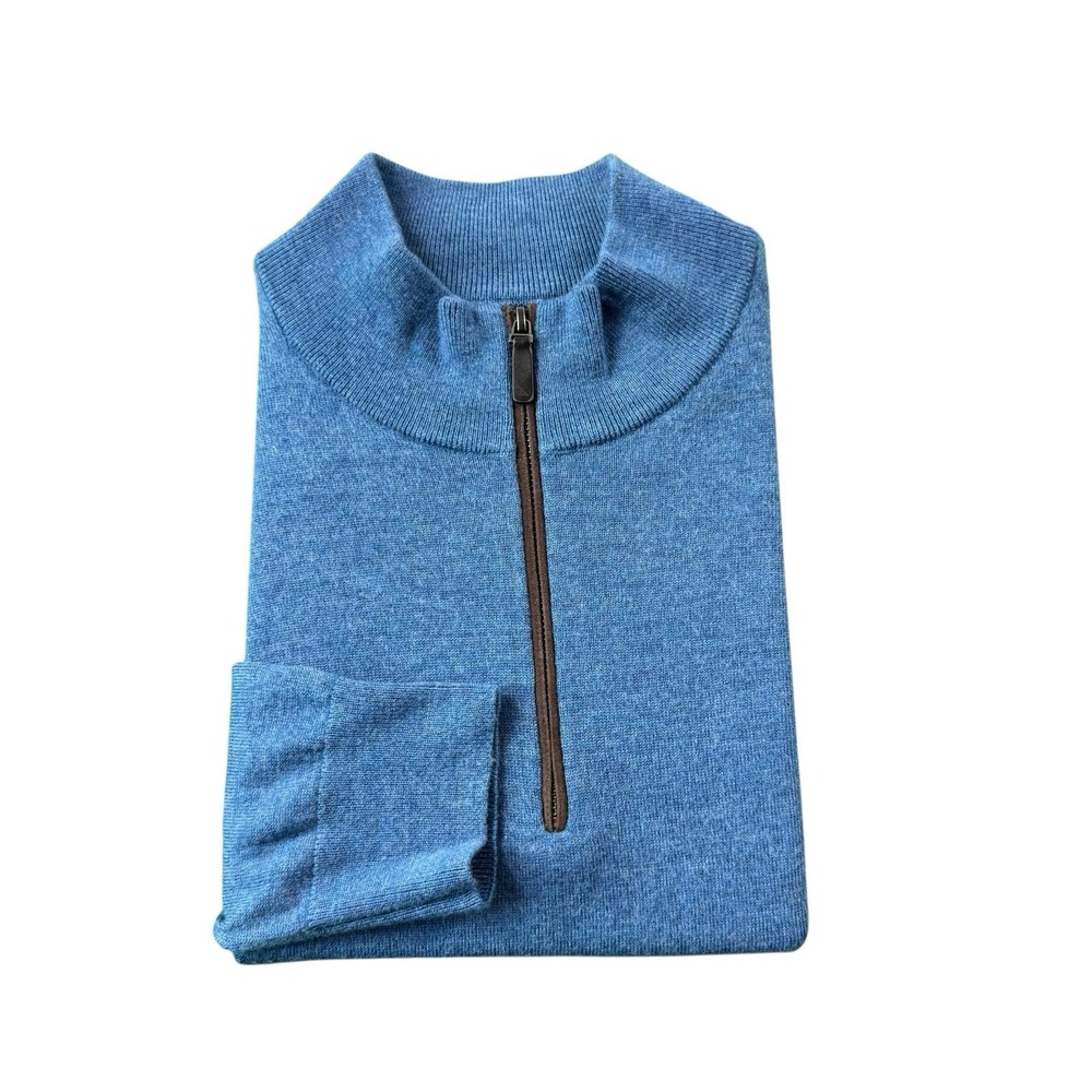 UNTUCKit Blue Merino Wool Suede Trim 1/2 Zip Pullover Sweater Mens XL
